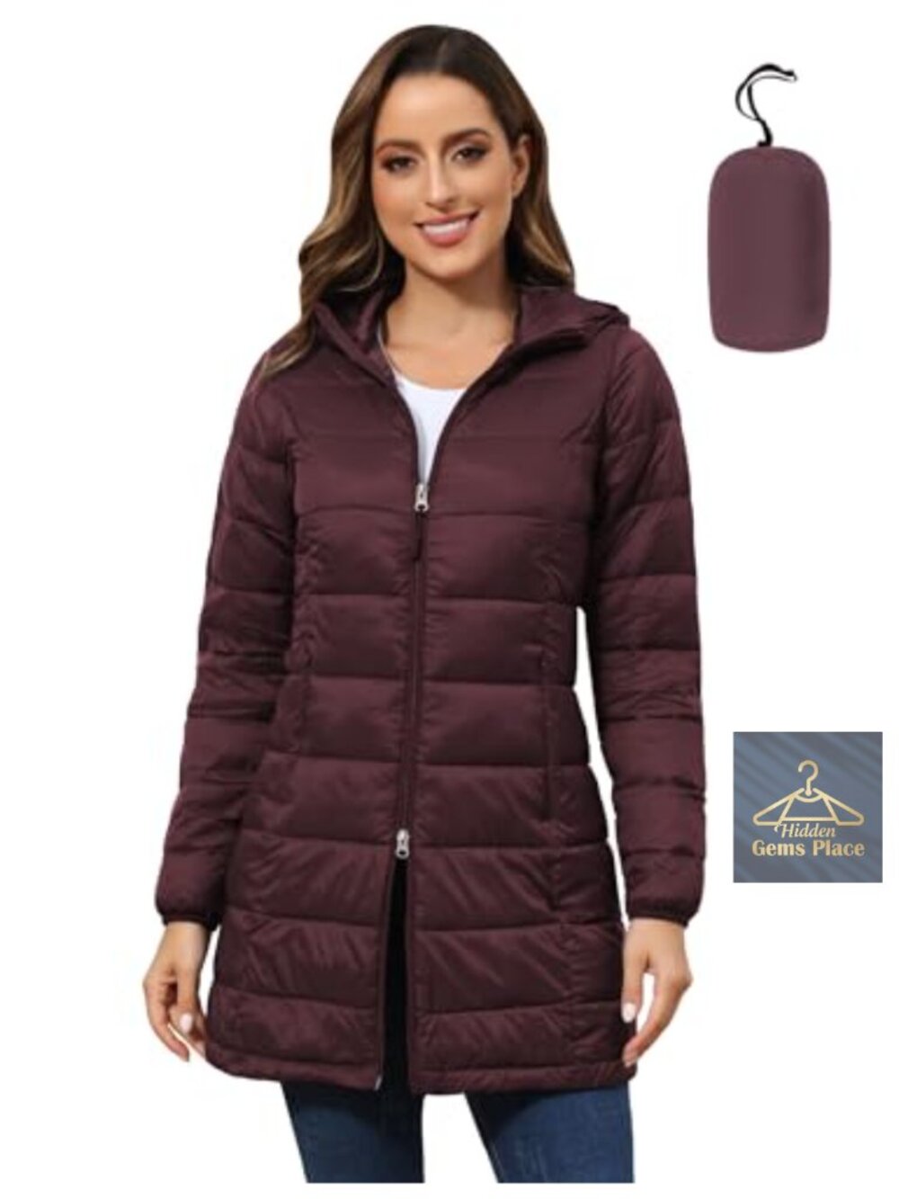 Plus Size Packable Lightweight Hooded Quilted Long Puffer Coat
